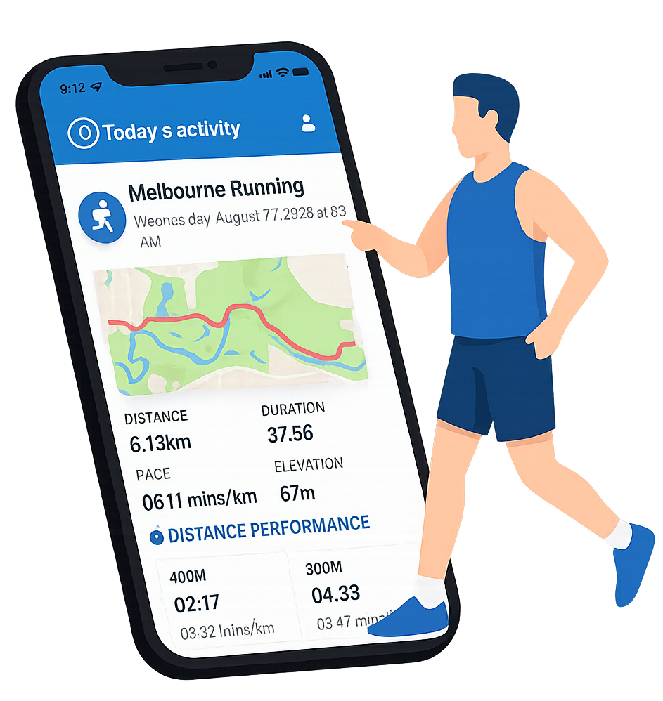 PB RANKS app on iPhone with runner illustration